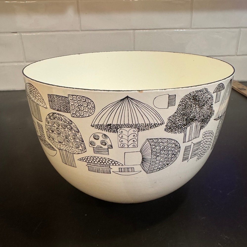 Finel Enamel Bowl Home 8.25" White Black Tatti Mushroom Kaj Franck Finland MCM